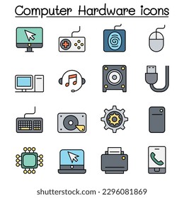 Computer Hardware color line icon set