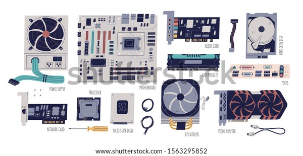 Computer hardware colorful flat vector\
illustrations set. Motherboard, network, audio and video card,\
processor, adapter. Processor cooler, power supply, ports and\
cables collection.