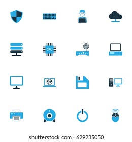 Computer Hardware Colorful Icons Set. Collection Of Network, Floppy Disk, Computer And Other Elements. Also Includes Symbols Such As Diskette, PC, Router.