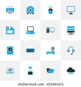 Computer Hardware Colorful Icons Set. Collection Of Camera, Floppy Disk, Modem And Other Elements. Also Includes Symbols Such As Folder, Display, Monitor.