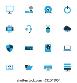 Computer Hardware Colorful Icons Set. Collection Of Notebook, Keypad, Winchester And Other Elements. Also Includes Symbols Such As Control, Shield, Start.