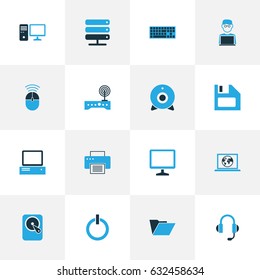 Computer Hardware Colorful Icons Set. Collection Of Connection, Laptop, Earphones And Other Elements. Also Includes Symbols Such As Printer, Monitor, Connection.