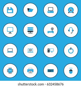 Computer Hardware Colorful Icons Set. Collection Of Modem, Connection, Notebook And Other Elements. Also Includes Symbols Such As Computer, Earphones, Control.