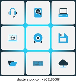 Computer Hardware Colorful Icons Set. Collection Of Earphones, Floppy Disk, Keypad And Other Elements. Also Includes Symbols Such As Cloud, PC, Internet.