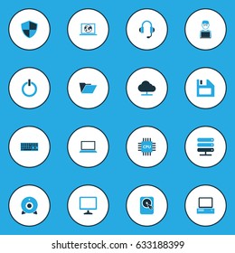 Computer Hardware Colorful Icons Set. Collection Of Earphones, Winchester, Camera And Other Elements. Also Includes Symbols Such As Floppy, Start, Database.