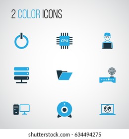 Computer Hardware Colorful Icons Set. Collection Of Laptop, Power, Network And Other Elements. Also Includes Symbols Such As Camera, Man, Internet.