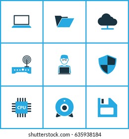Computer Hardware Colorful Icons Set. Collection Of Storage, Floppy Disk, Microprocessor And Other Elements. Also Includes Symbols Such As Man, Cpu, File.