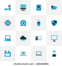 Computer Hardware Colorful Icons Set. Collection Of Microprocessor, Connection, Control And Other Elements. Also Includes Symbols Such As Database, Microprocessor, Wifi.