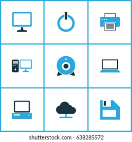 Computer Hardware Colorful Icons Set. Collection Of Print, Floppy Disk, PC And Other Elements. Also Includes Symbols Such As Web, Monitor, Display.