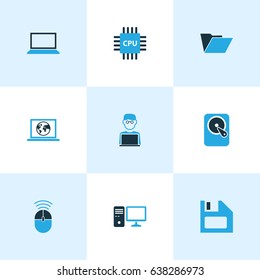 Computer Hardware Colorful Icons Set. Collection Of Computer, Floppy Disk, Control And Other Elements. Also Includes Symbols Such As Connection, Man, Folder.