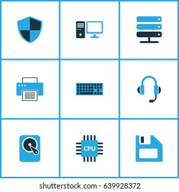 Computer Hardware Colorful Icons Set. Collection Of Microprocessor, Print, Keypad And Other Elements. Also Includes Symbols Such As Cpu, Headphone, PC.