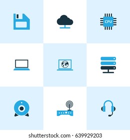 Computer Hardware Colorful Icons Set. Collection Of Network, Microprocessor, Earphones And Other Elements. Also Includes Symbols Such As Modem, Earphones, Network.