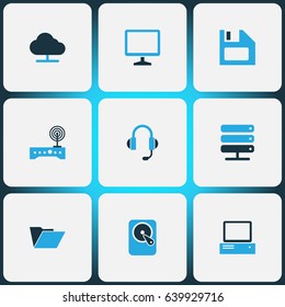 Computer Hardware Colorful Icons Set. Collection Of File, Earphones, Floppy Disk And Other Elements. Also Includes Symbols Such As Hard, Server, Floppy.