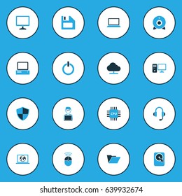 Computer Hardware Colorful Icons Set. Collection Of Camera, Floppy Disk, Earphones And Other Elements. Also Includes Symbols Such As Button, Shield, Floppy.