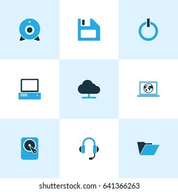Computer Hardware Colorful Icons Set. Collection Of PC, Earphones, File And Other Elements. Also Includes Symbols Such As File, Web, Personal.