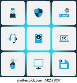 Computer Hardware Colorful Icons Set. Collection Of Earphones, Floppy Disk, Firewall And Other Elements. Also Includes Symbols Such As Peripheral, Disk, Monitor.