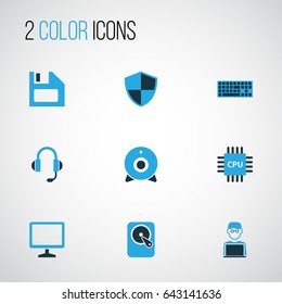 Computer Hardware Colorful Icons Set. Collection Of Keypad, Floppy Disk, Microprocessor And Other Elements. Also Includes Symbols Such As Screen, Floppy, Microprocessor.