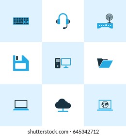 Computer Hardware Colorful Icons Set. Collection Of Earphones, Computer, Keypad And Other Elements. Also Includes Symbols Such As Device, PC, File.