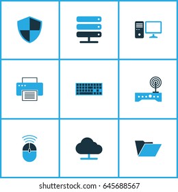 Computer Hardware Colorful Icons Set. Collection Of Keypad, Modem, Firewall And Other Elements. Also Includes Symbols Such As Cloud, Security, Storage.