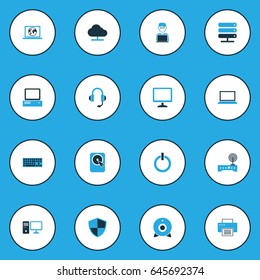 Computer Hardware Colorful Icons Set. Collection Of Modem, PC, Power And Other Elements. Also Includes Symbols Such As Cam, Internet, Cloud.