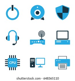 Computer Hardware Colorful Icons Set. Collection Of Computer, Modem, Earphones And Other Elements. Also Includes Symbols Such As Button, Device, Cpu.