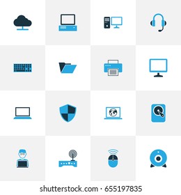 Computer Hardware Colorful Icons Set. Collection Of Connection, Notebook, Camera And Other Elements. Also Includes Symbols Such As Notebook, Wifi, Connection.