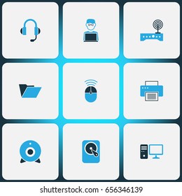 Computer Hardware Colorful Icons Set. Collection Of File, Print, Laptop And Other Elements. Also Includes Symbols Such As Cam, Template, Headphone.