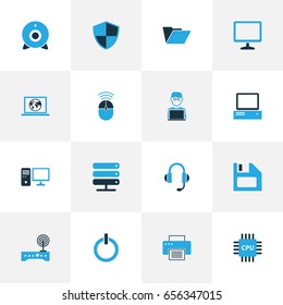 Computer Hardware Colorful Icons Set. Collection Of Computer, Laptop, Floppy Disk And Other Elements. Also Includes Symbols Such As Server, Floppy, Button.