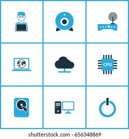 Computer Hardware Colorful Icons Set. Collection Of Microprocessor, Connection, Storage And Other Elements. Also Includes Symbols Such As Camera, Power, Wifi.