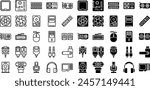 Computer hardware and component icon set, line and solid style. Contains such icon as motherboard, ram, cpu, mouse, keyboard and more.