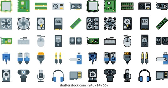 Computer-Hardware und Komponenten-Icon-Set, flache und gefüllte Linie Stil. Enthält Symbole wie Hauptplatine, RAM, CPU, Maus, Tastatur und mehr.