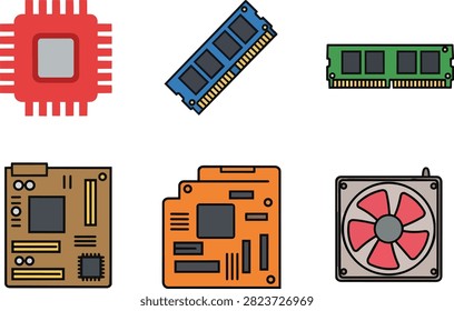 Computer Hardware Component Vector Icon Set with CPU RAM Motherboard