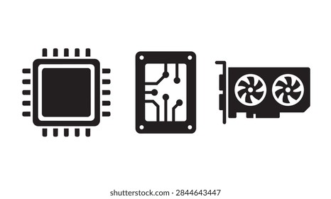 Computer hardware components icon set featuring central processing unit processor printed circuit board motherboard and graphics card gpu with cooling fans for pc building and tech design