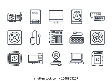 Computer Hardware and Components related line icon set. Computer parts linear icons. Electronics outline vector sign collection.