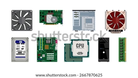 Computer hardware components set. flat style stock vector collection illustration. Modern PC parts for assembly and maintenance.