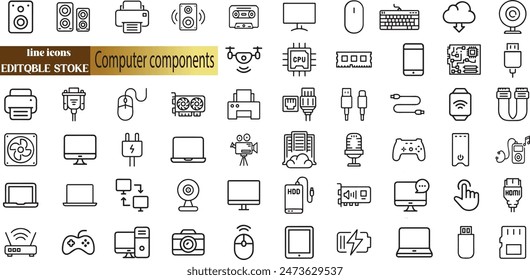 Computer hardware and components vector icon set