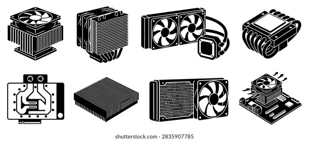 Computer hardware cooling fans and heatsink set icons