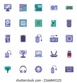 Computer hardware elements collection, PC components flat icons set, Colorful symbols pack contains - computer monitor, CPU processor, laptop, hard disk, hdmi. Vector illustration. Flat style design