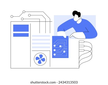 Computer hardware engineer isolated cartoon vector illustrations. Professional hardware engineer testing processor, create computer parts, device maintenance and repair vector cartoon.