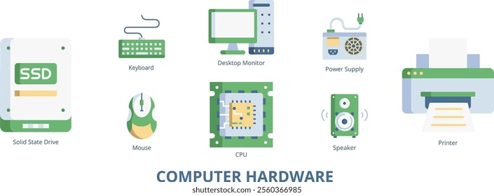 Computer Hardware Flat Banner Web Icon Set Vector Illustration