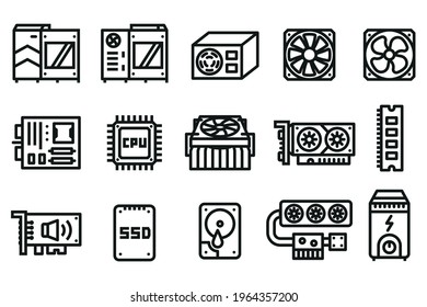 Computer hardware icon. Basic parts for performance system a computer in a case.