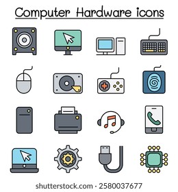 Computer Hardware icon set in color line style