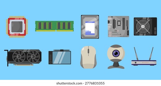 Computer Hardware Icon Set CPU GPU RAM Storage and Peripherals Vector