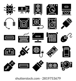 Computer hardware icon set featuring PC components, storage devices, cables, and peripherals in glyph solid style Ideal for technology, repair, networking, and computer projects