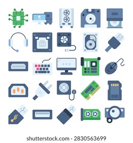 Computer hardware icon set featuring PC components, storage devices, cables, and peripherals in colorful flat style Ideal for technology, repair, networking, and computer projects