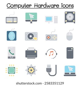 Computer Hardware icon set  in flat color style