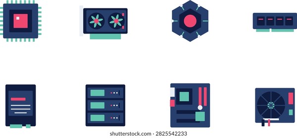 Computer Hardware Icon Set, Flat Vector Icons of CPU GPU Motherboard RAM Server and Cooling Fan in Navy Teal and Pink
