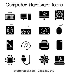 Computer Hardware icon set in glyph style