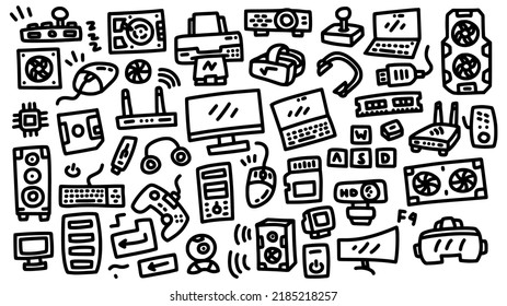 computer and hardware icon set hand drawn doodle cartoon outline vector illustration collection