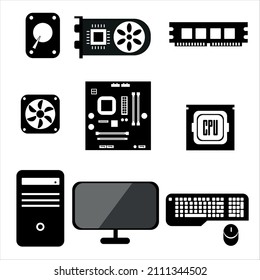 Computer Hardware Icon Set, hard drive, VGA, random access memory, Fan, motherboard, proccesor, Case, Monitor, Keyboard, Mouse Vector Illustration